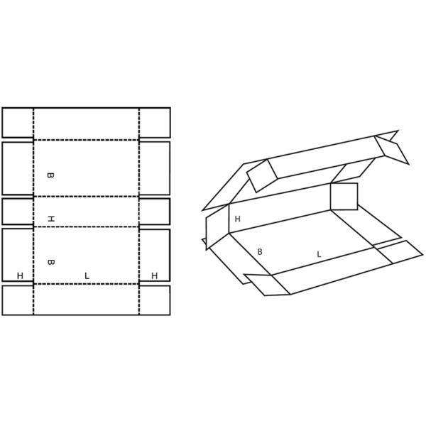 FEFCO 0409 die-cut tray with hinged lid die-line and assembled box
