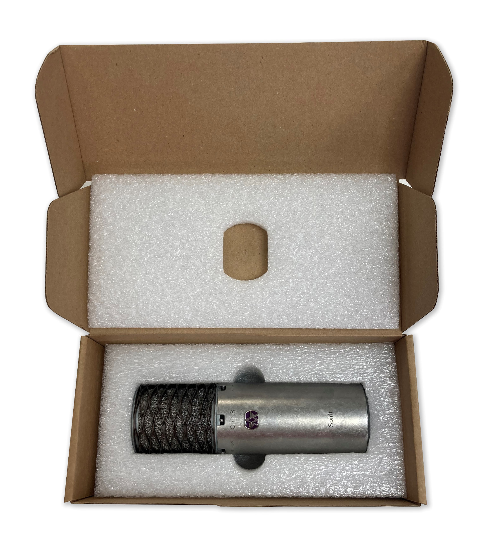 Original Aston microphone pack: brown corrugated box with bulky white polyethylene foam inserts