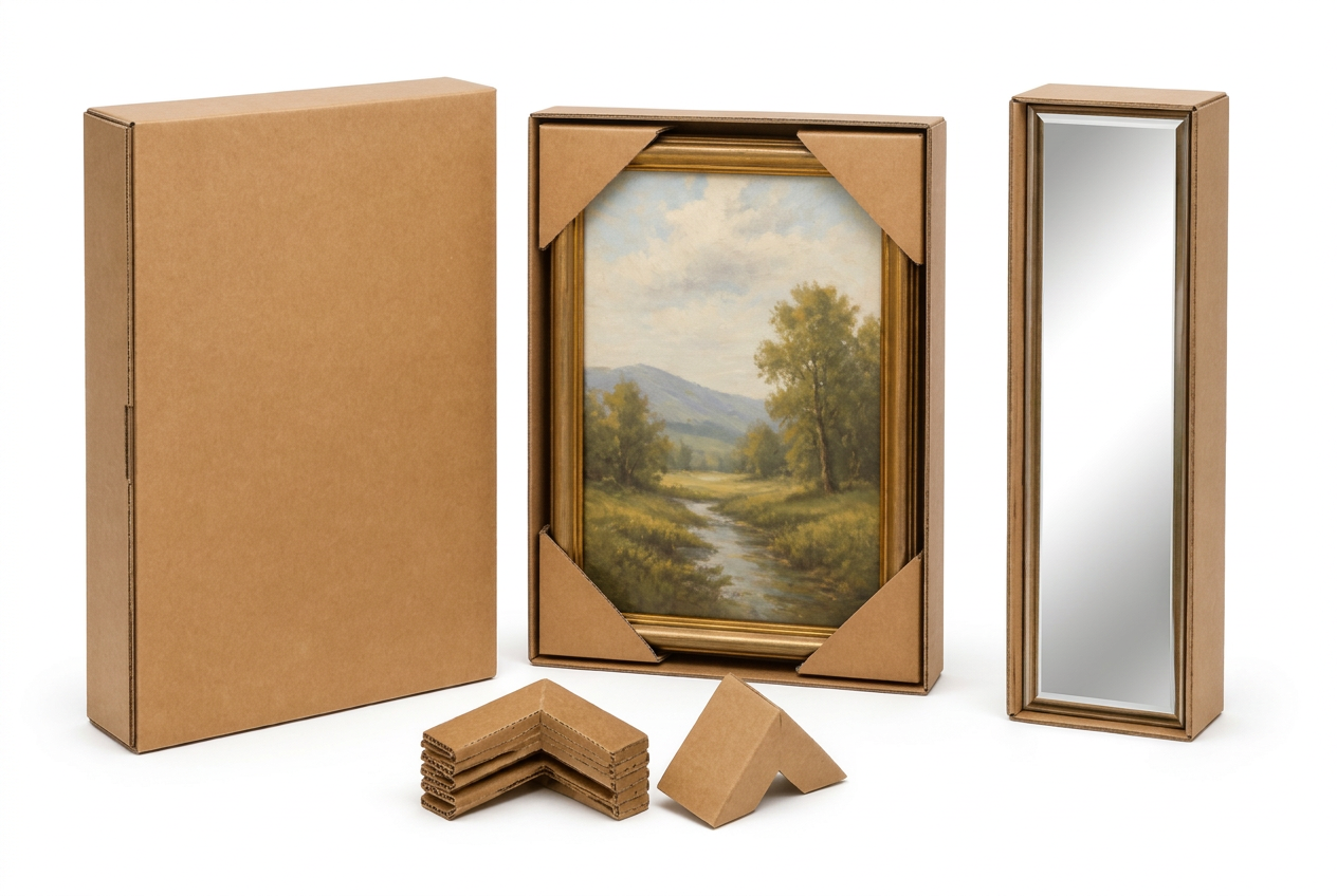 A flat kraft picture frame box, a framed painting with foam corner protectors, a tall mirror box and loose corner protectors