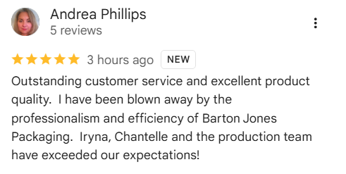 Screenshot of Andrea Phillips's five-star Google review praising the service, product quality and Barton Jones Packaging team