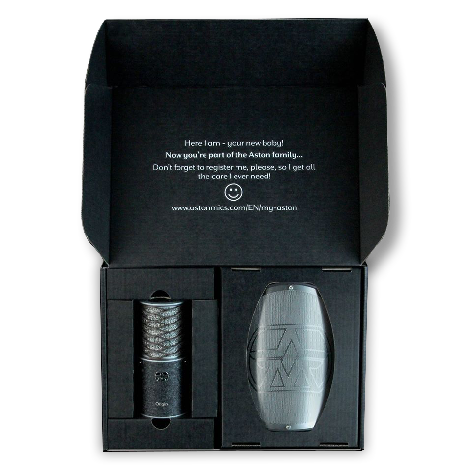 Redesigned Aston microphone pack: black printed corrugated box with all-corrugated internal fitment