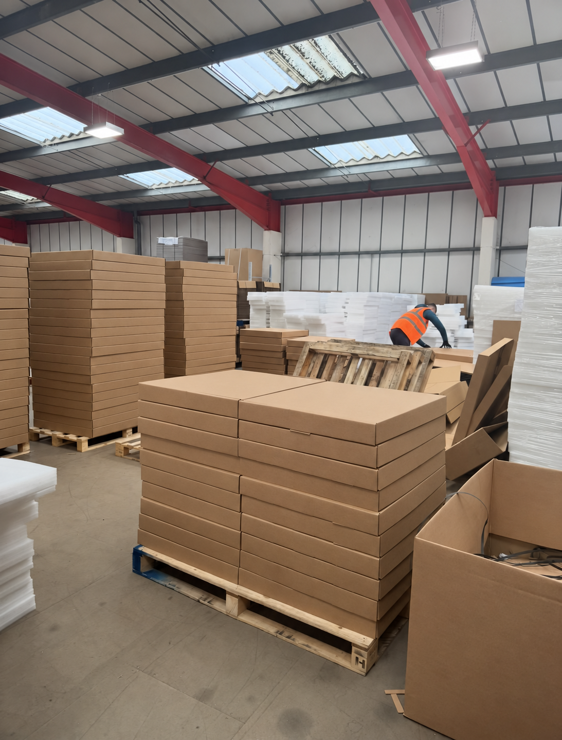 Pallets of printed artwork boxes and foam sheets being assembled in the Barton Jones Packaging warehouse