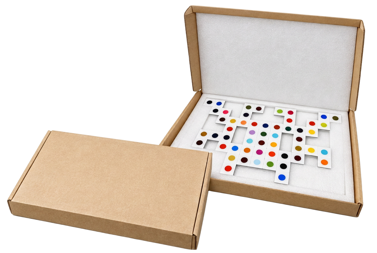Corrugated artwork box with a white foam insert protecting a set of printed cards