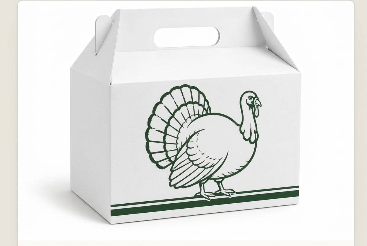 All-white corrugated gable-top turkey box with a cut-out handle, printed in dark green with a line-drawn turkey