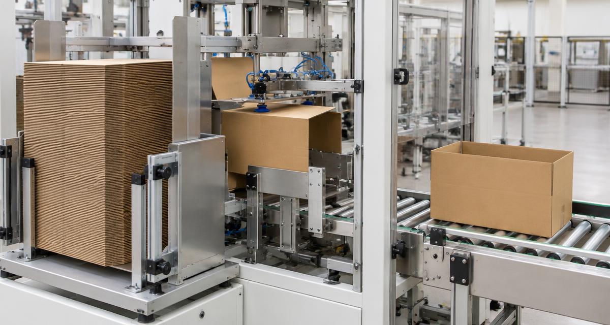 Corrugated cardboard boxes being formed by an automated case erector on a UK production line