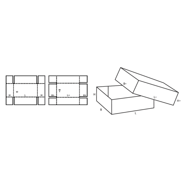 FEFCO 0300 two piece tray and lid die-lines and assembled box