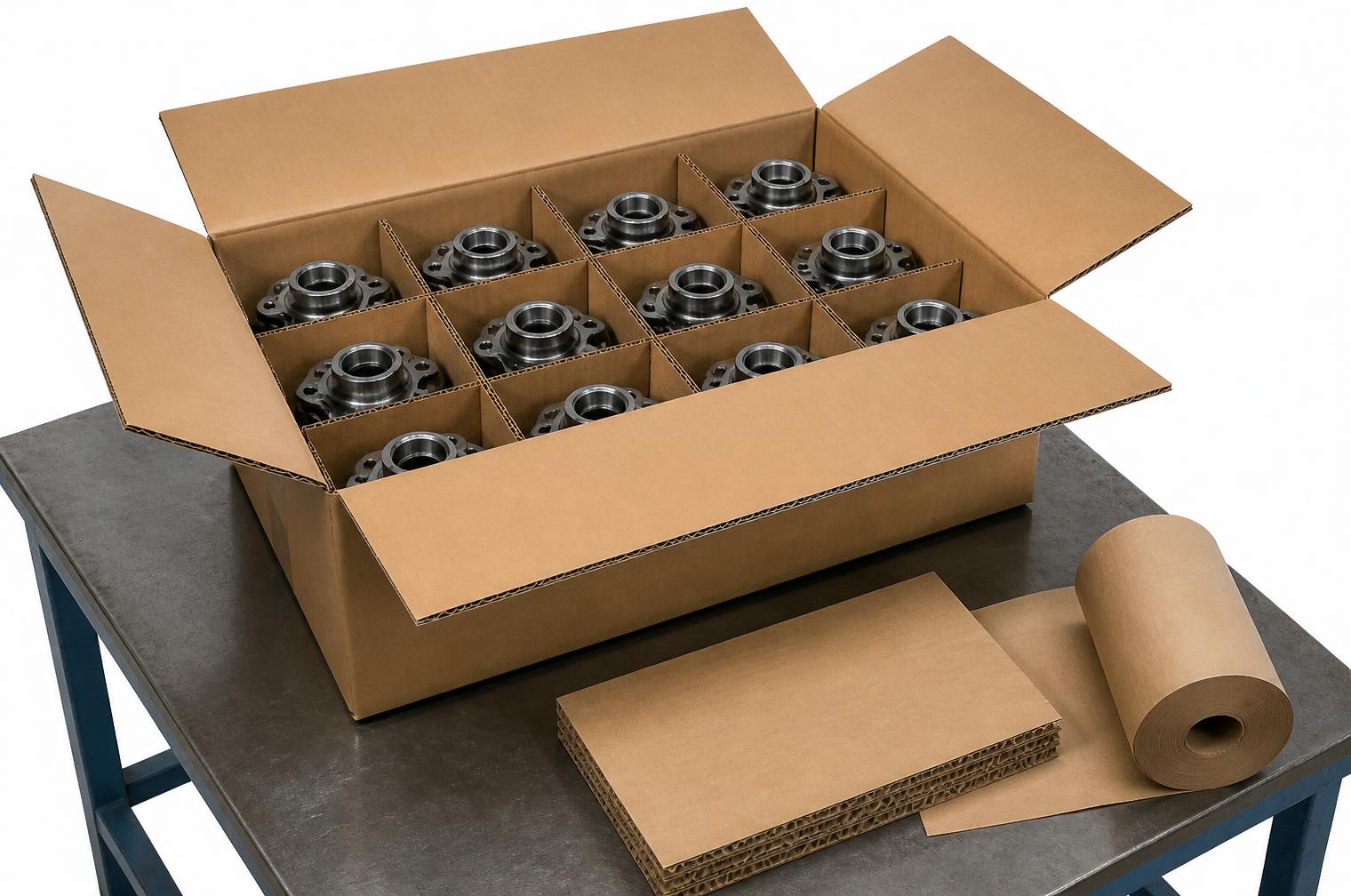 Heavy duty double wall automotive box fitted with corrugated cell partitions holding machined components, with layer pads and kraft interleaving paper alongside