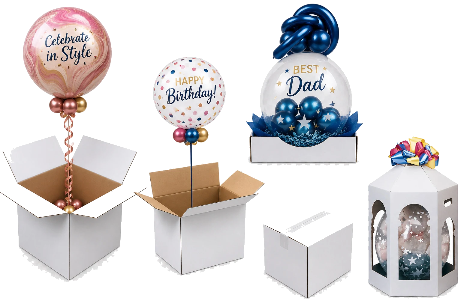 White balloon in a box packaging: tall bubble balloon cubes, a hamper tray with a Best Dad balloon and a window lantern gift box