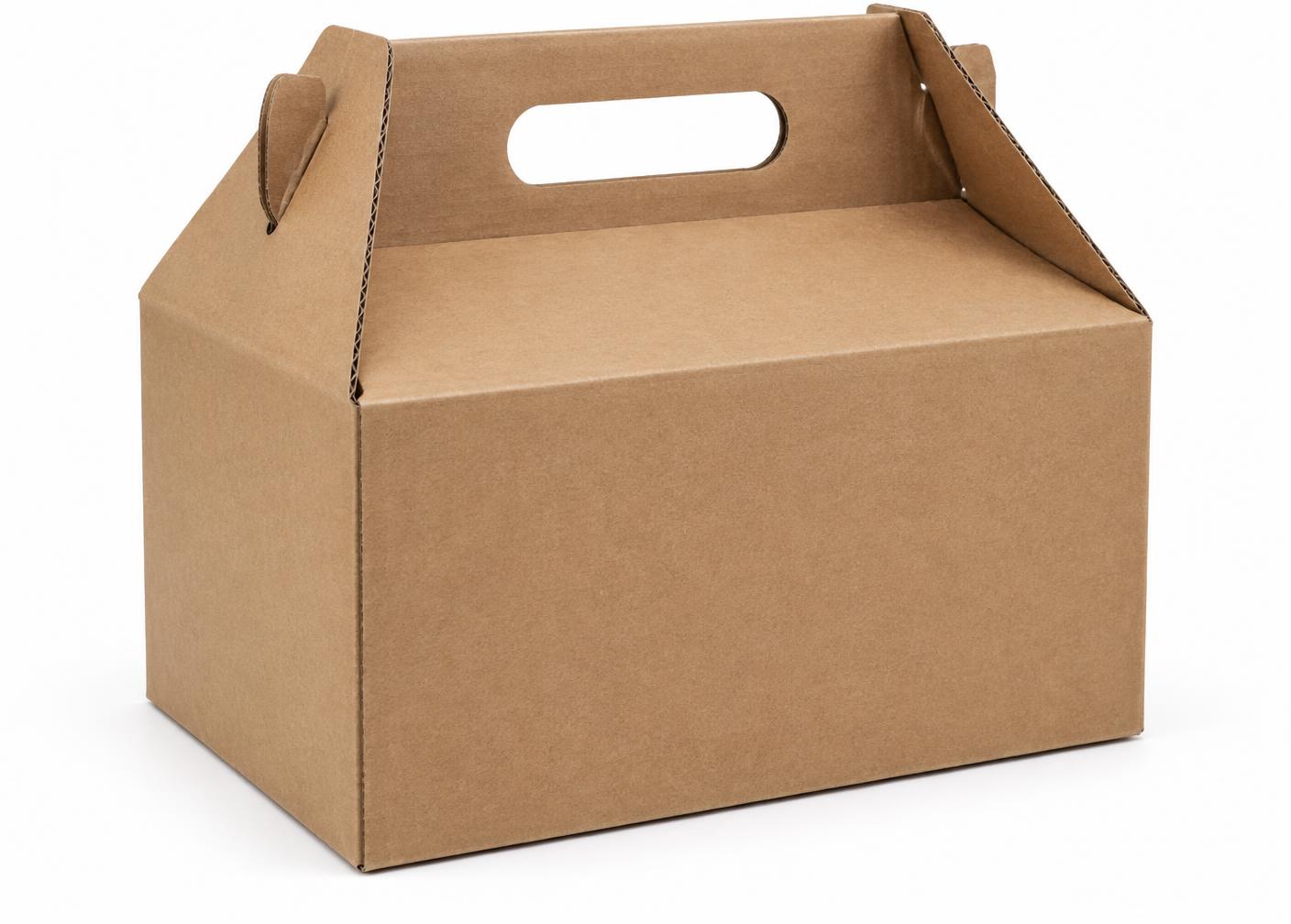 Plain brown kraft corrugated gable-top butcher carry box with a cut-out carry handle and interlocking top flaps