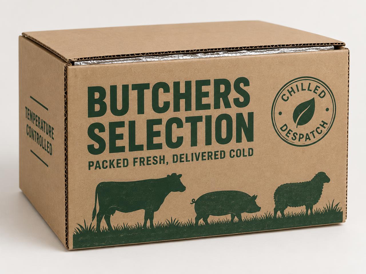 Printed kraft meat box outer with livestock silhouettes and an insulated liner inside