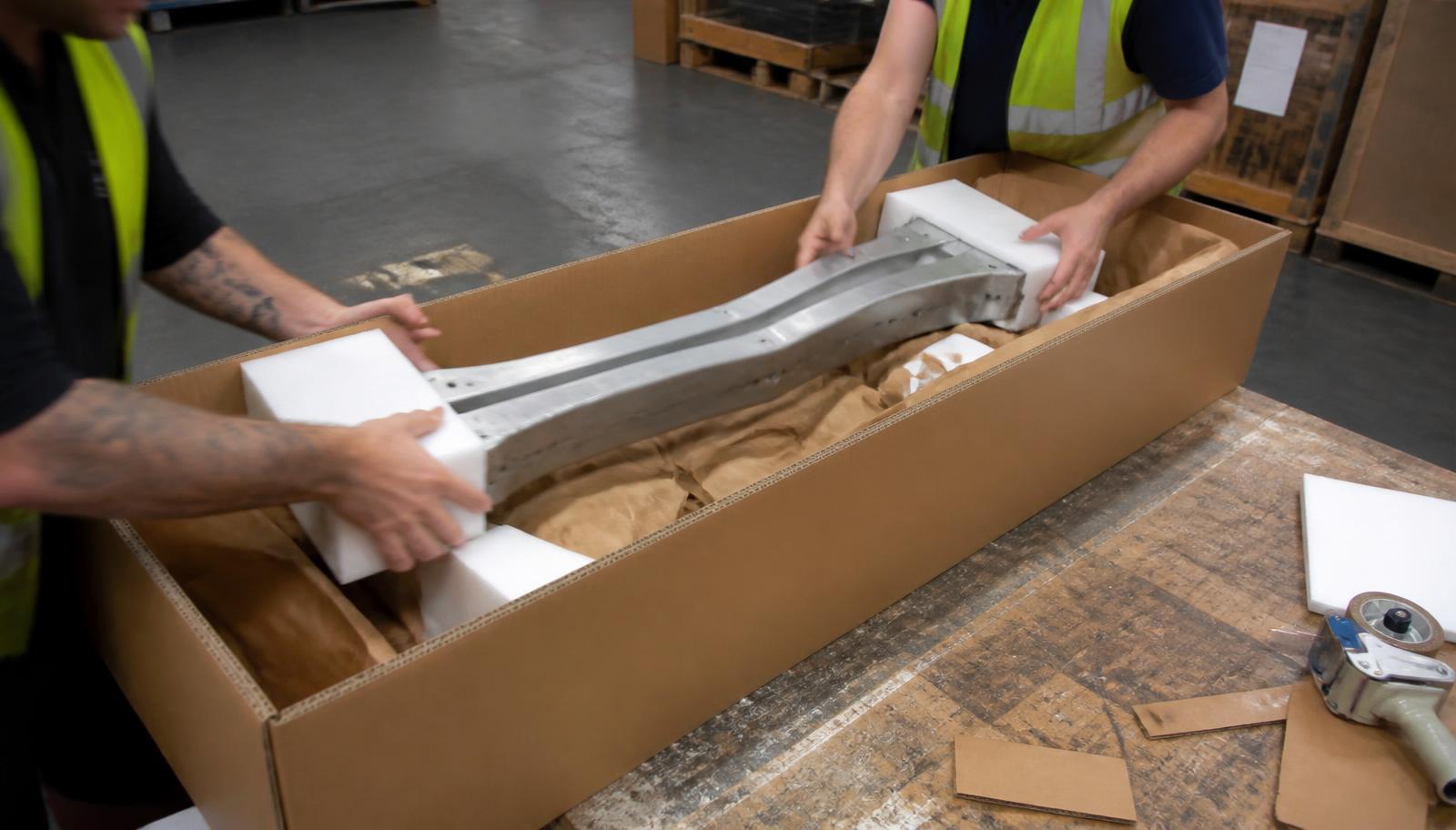 Large industrial component being secured inside a made-to-measure double wall corrugated box with corrugated corner fittings in a UK warehouse