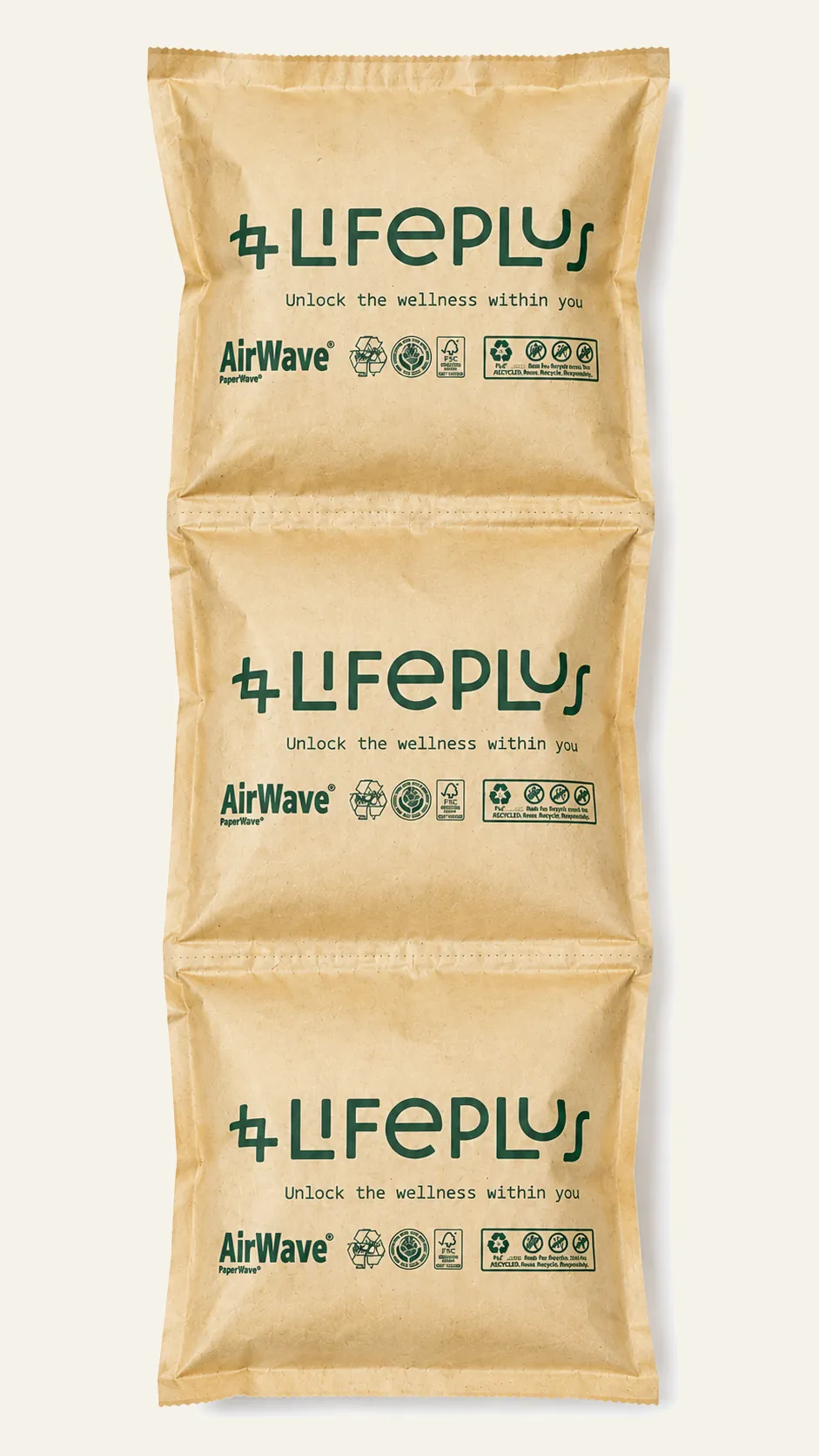 Custom-printed Lifeplus PaperWave paper air cushions with AirWave, FSC and recycling marks