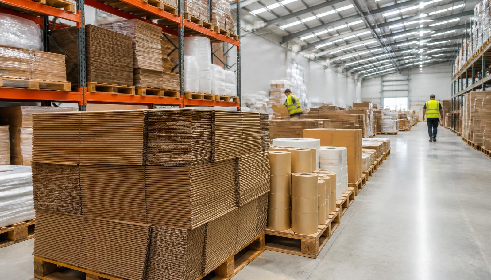 Organised UK warehouse with pallets of flat-packed corrugated boxes, paper tape and protective packaging ready for peak season