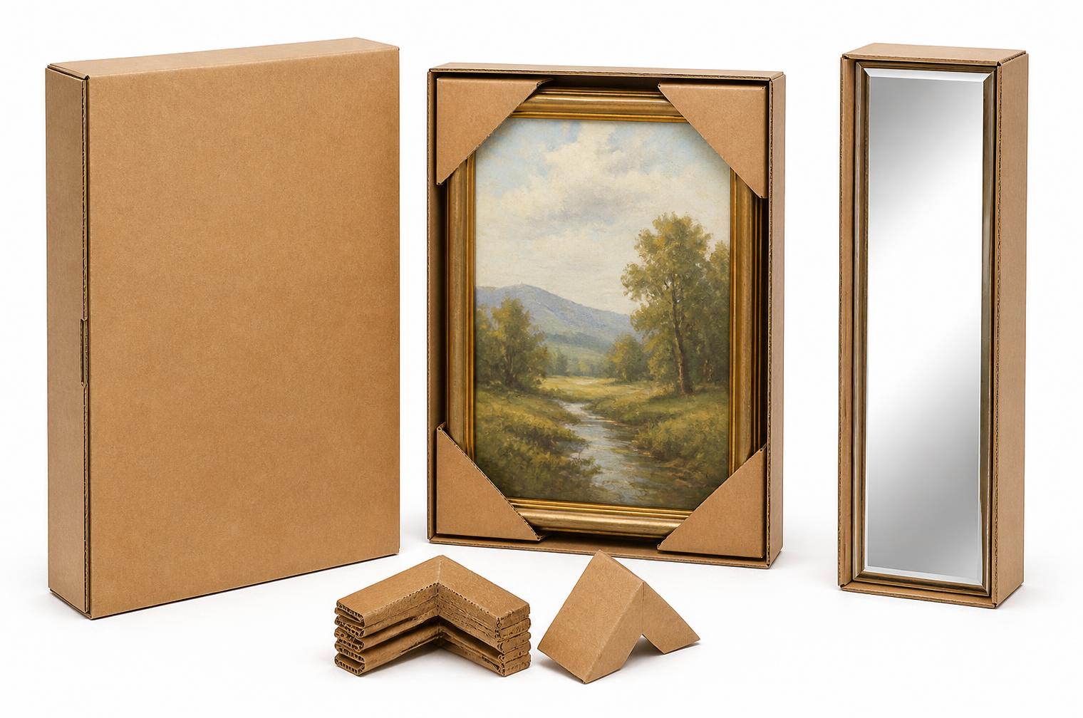 Kraft corrugated picture frame boxes: a flat framed art box, a framed painting protected by corrugated corner protectors and a slim mirror box