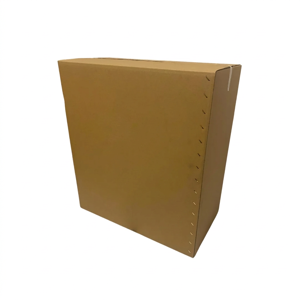 Double-wall corrugated cardboard box with a stitched manufacturer's joint down the corner